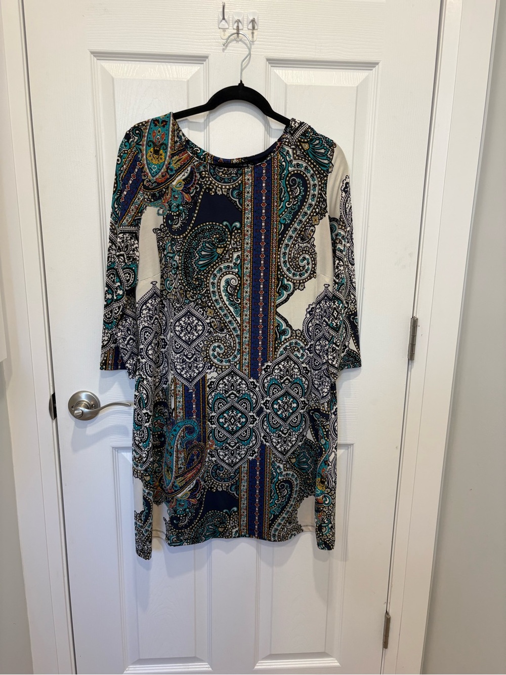 Atmosphere Paisley Print Long Sleeve Dress - Teal, Navy, Cream #1290